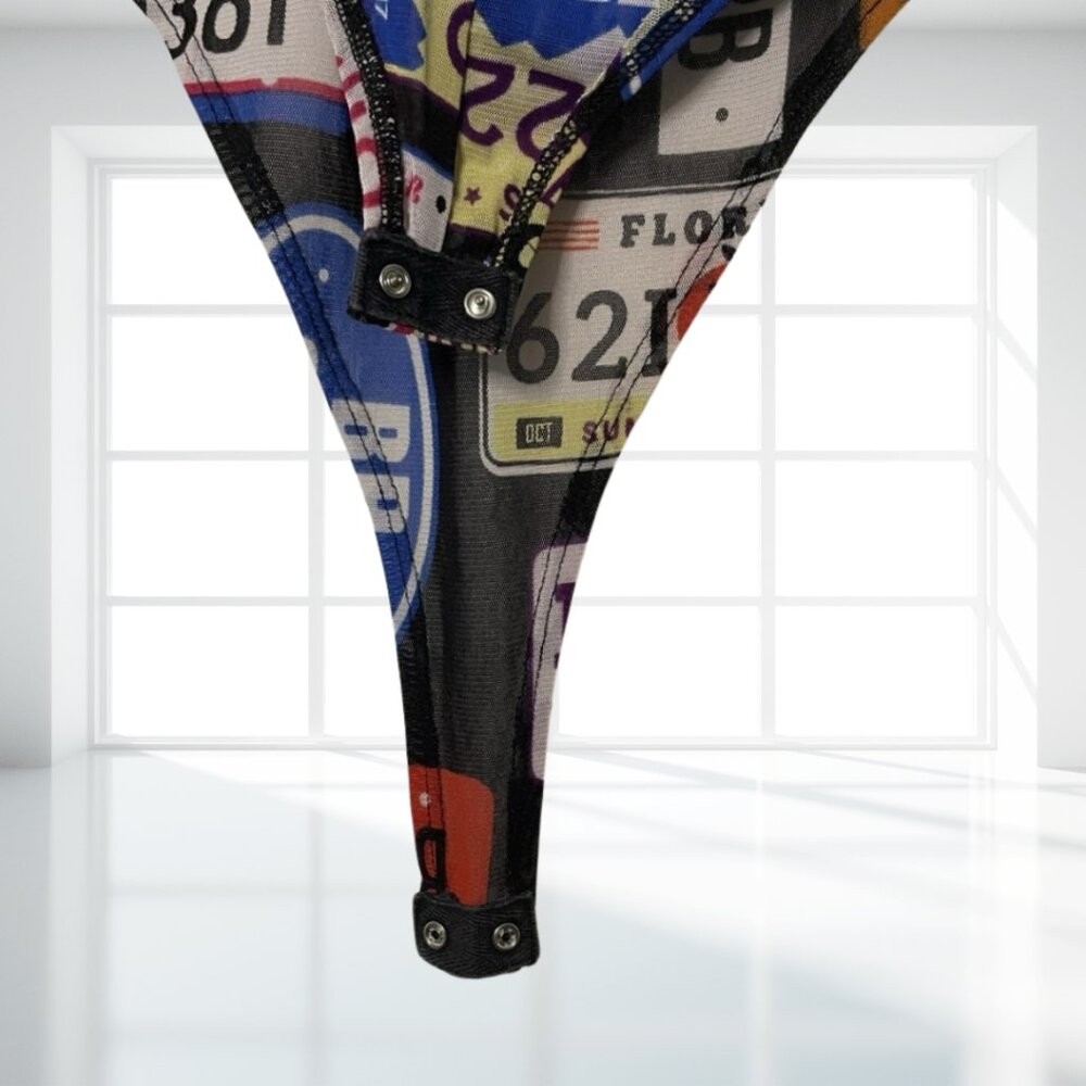 DAY G Retro Y2K License Plate Print Sheer Zipper Bodysuit Leotard - Rare Pop Art - Picture 9 of 12